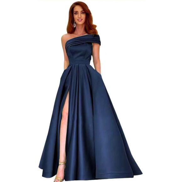 Fashion Classic Fashion Collection Dresses & Skirts - Elegant Satin One shoulder Pleated navy blue Maxi dress Size 8 Wedding Prom